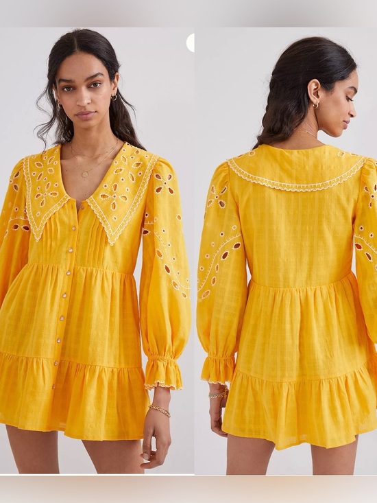 Dresses & Skirts - Anthropologie x RAHI Yellow Eyelete Long Sleeve Mini Shirtdress XS